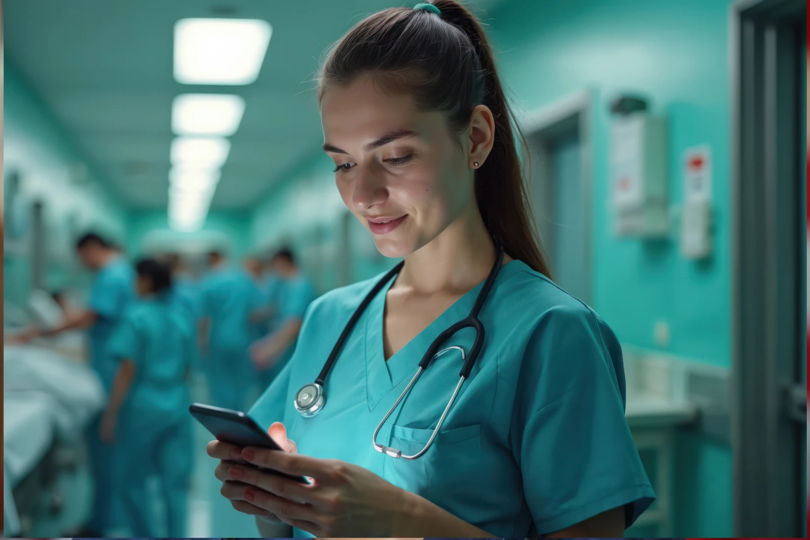 Nurse influencer in scrubs using a smartphone in the hospital hallway, posting on social media.