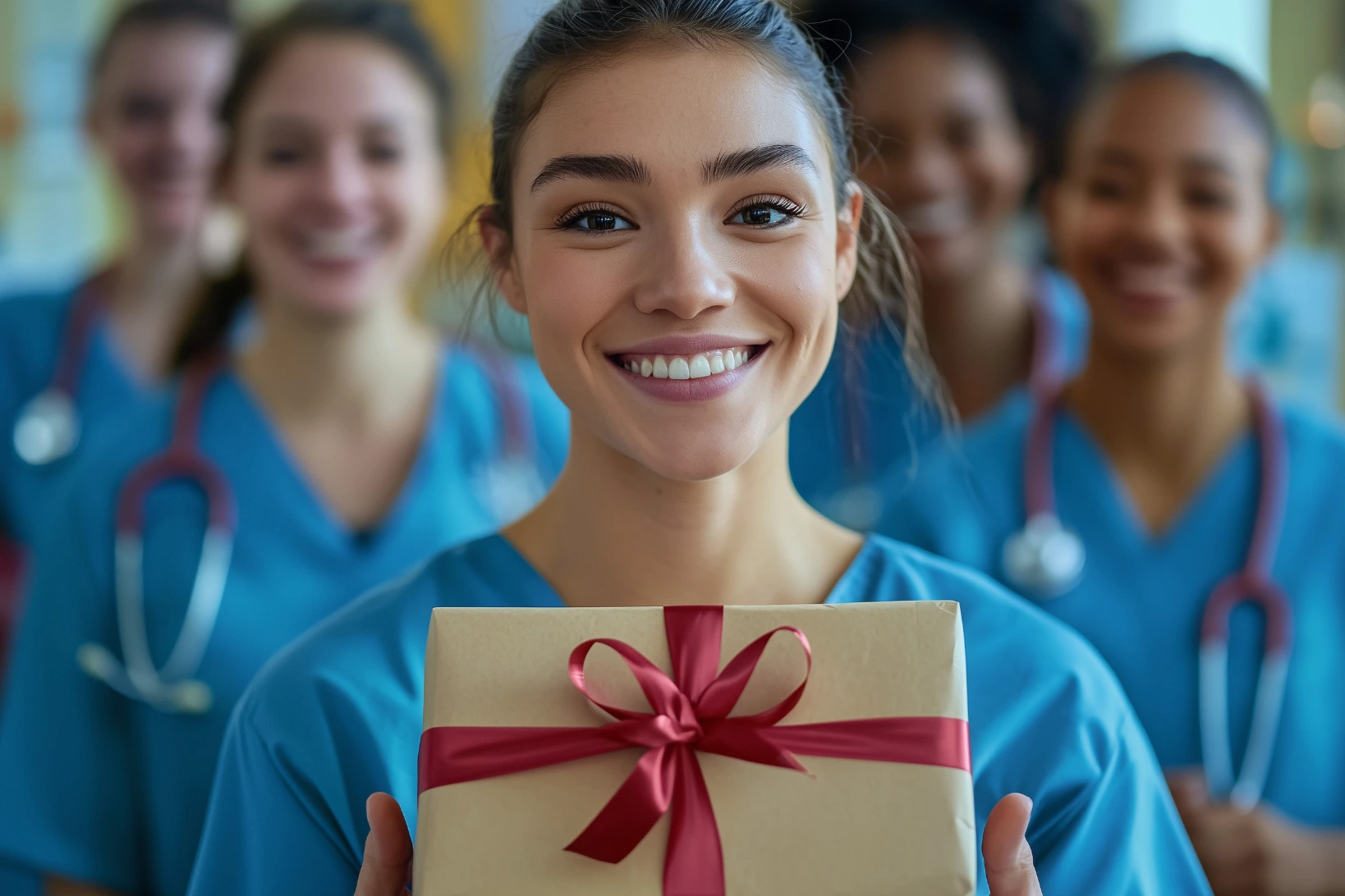 Nurses in blue scrubs holding out a nurse gift box with red ribbon