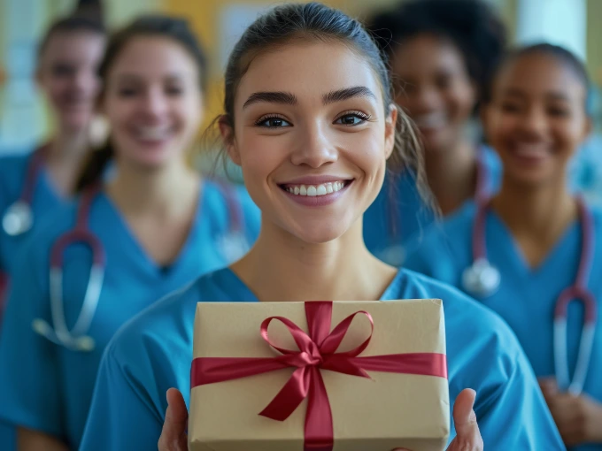Nurses in blue scrubs holding out a nurse gift box with red ribbon