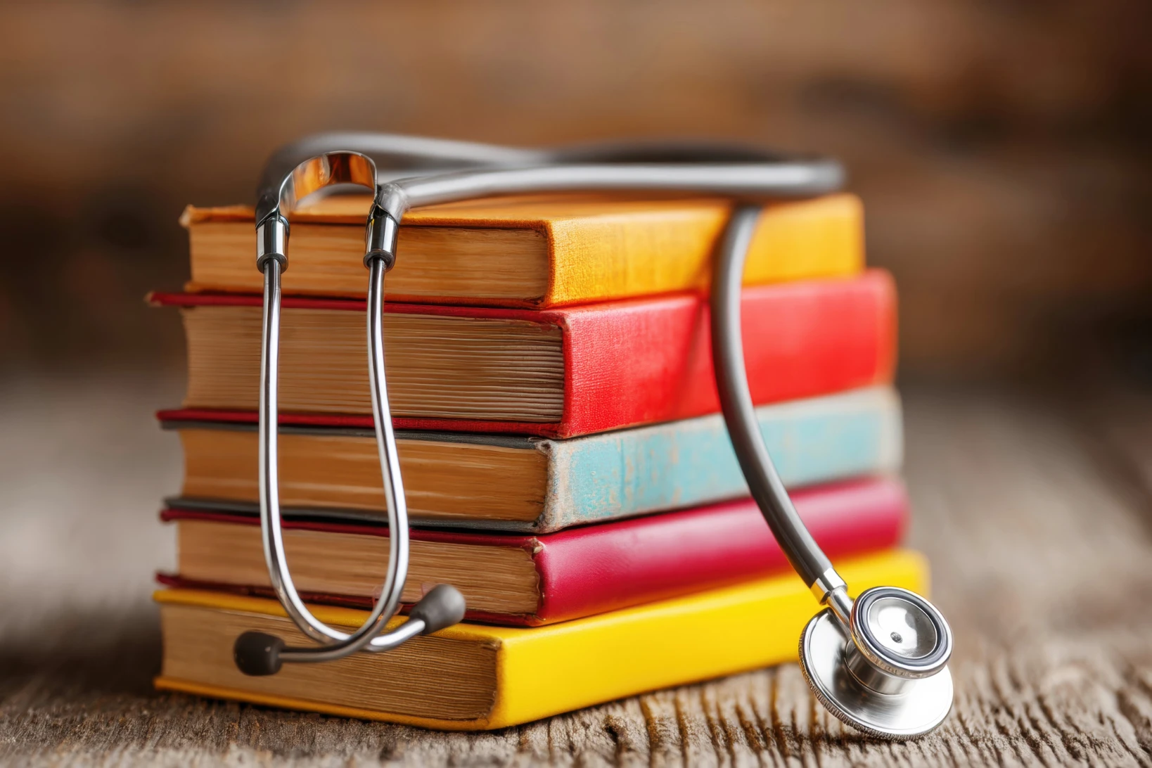 A pile of books for nurses with a stethoscope on top.