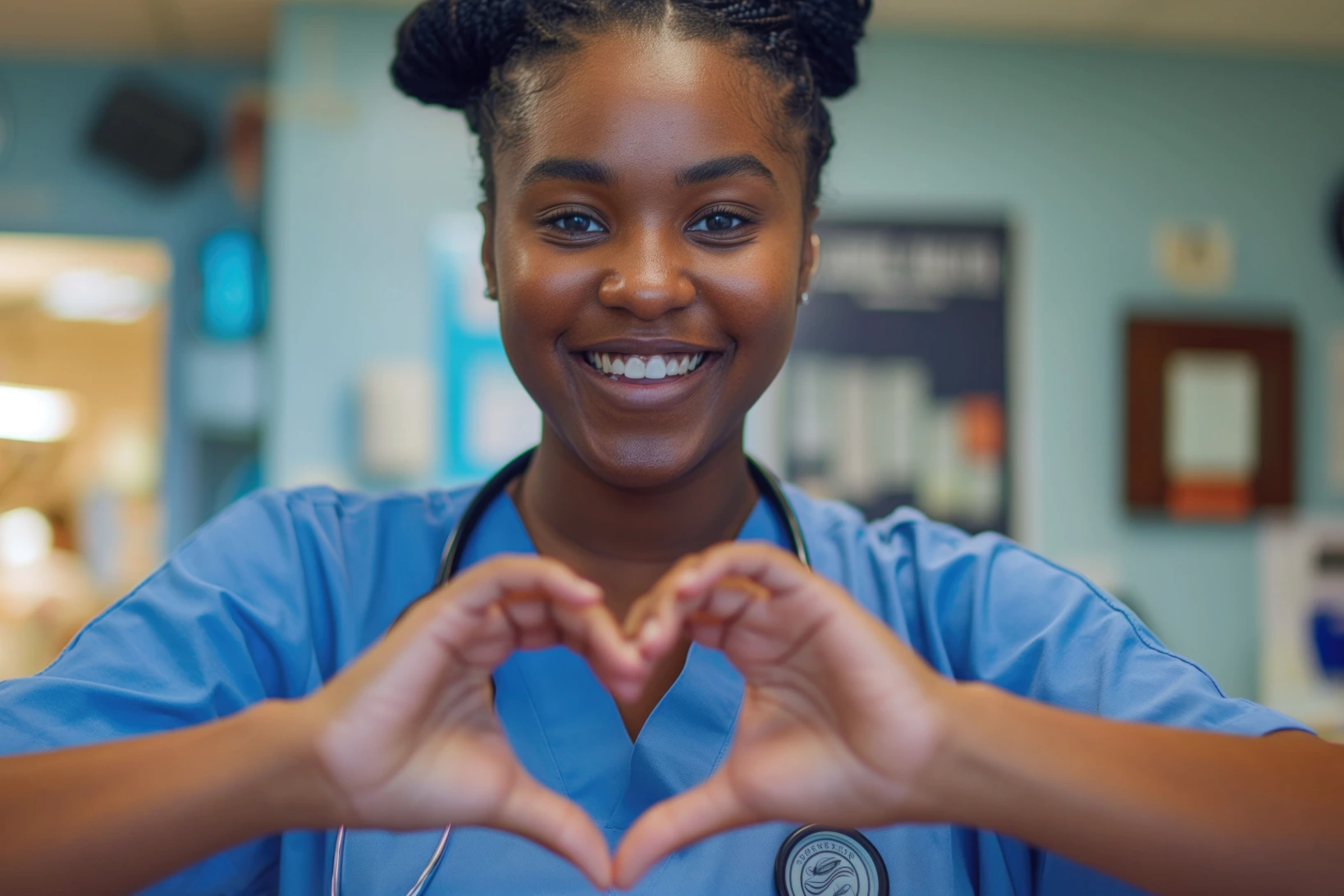 Nurse in scrubs showing gratitude on the job