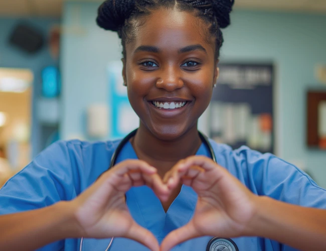 Nurse in scrubs showing gratitude on the job