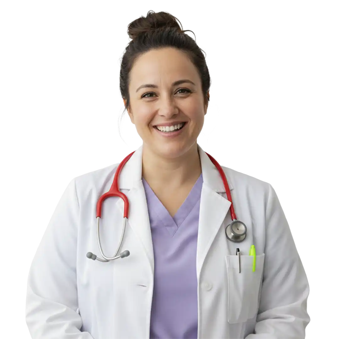 Smiling nurse working through an LPN to NP career pathway online to complete an LPN to NP program