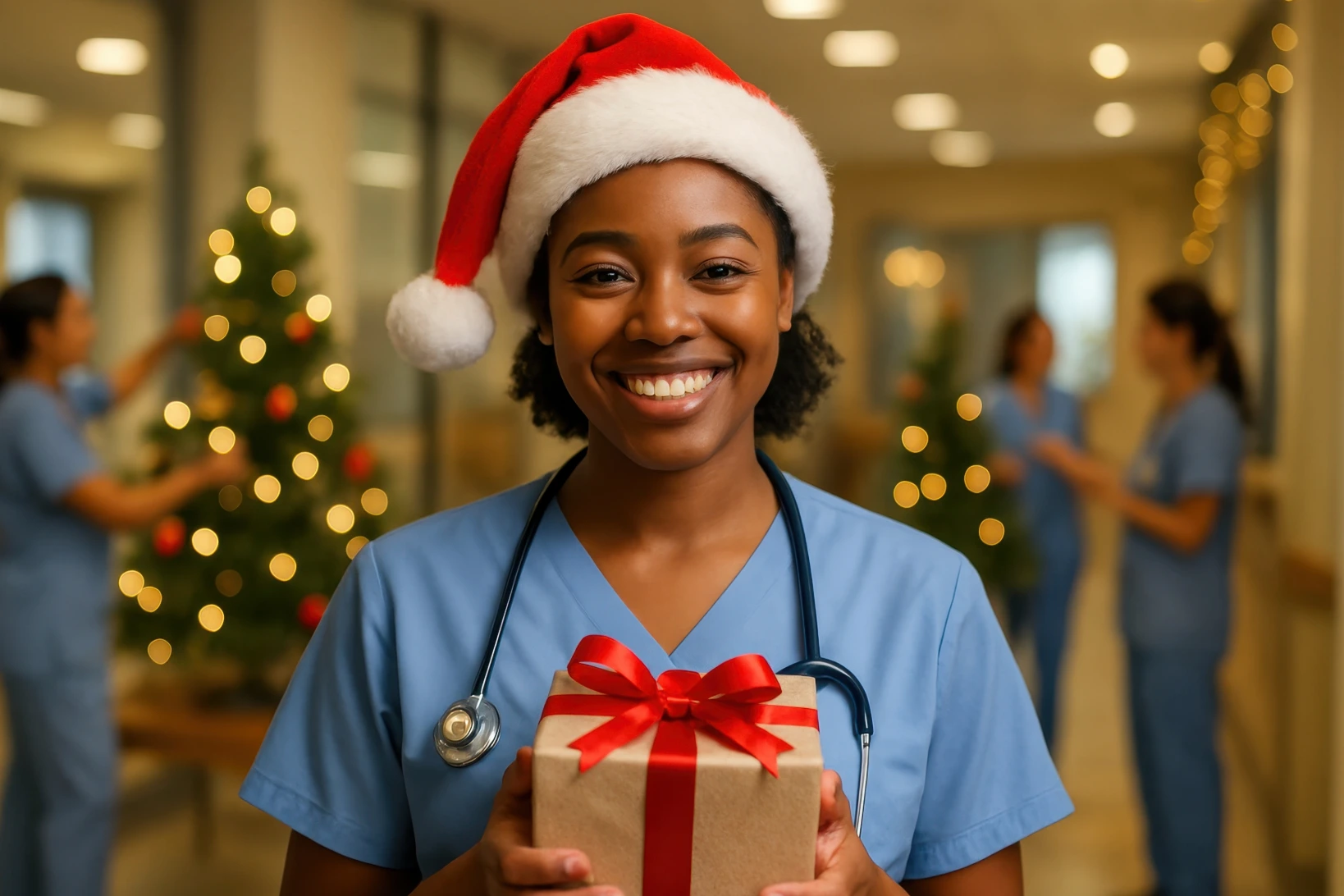 Nurse in blue scrubs and santa hat holding a present as she celebrates the holidays at work