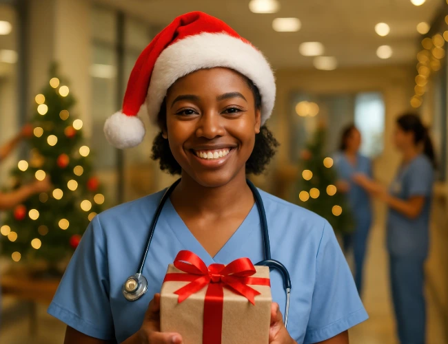 Nurse in blue scrubs and santa hat holding a present as she celebrates the holidays at work