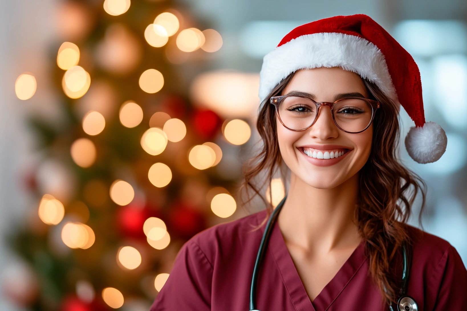 Female nurse in maroon scrubs, smiling amidst holiday stress in a Santa hat