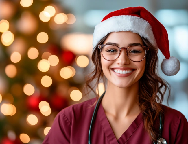 Female nurse in maroon scrubs, smiling amidst holiday stress in a Santa hat