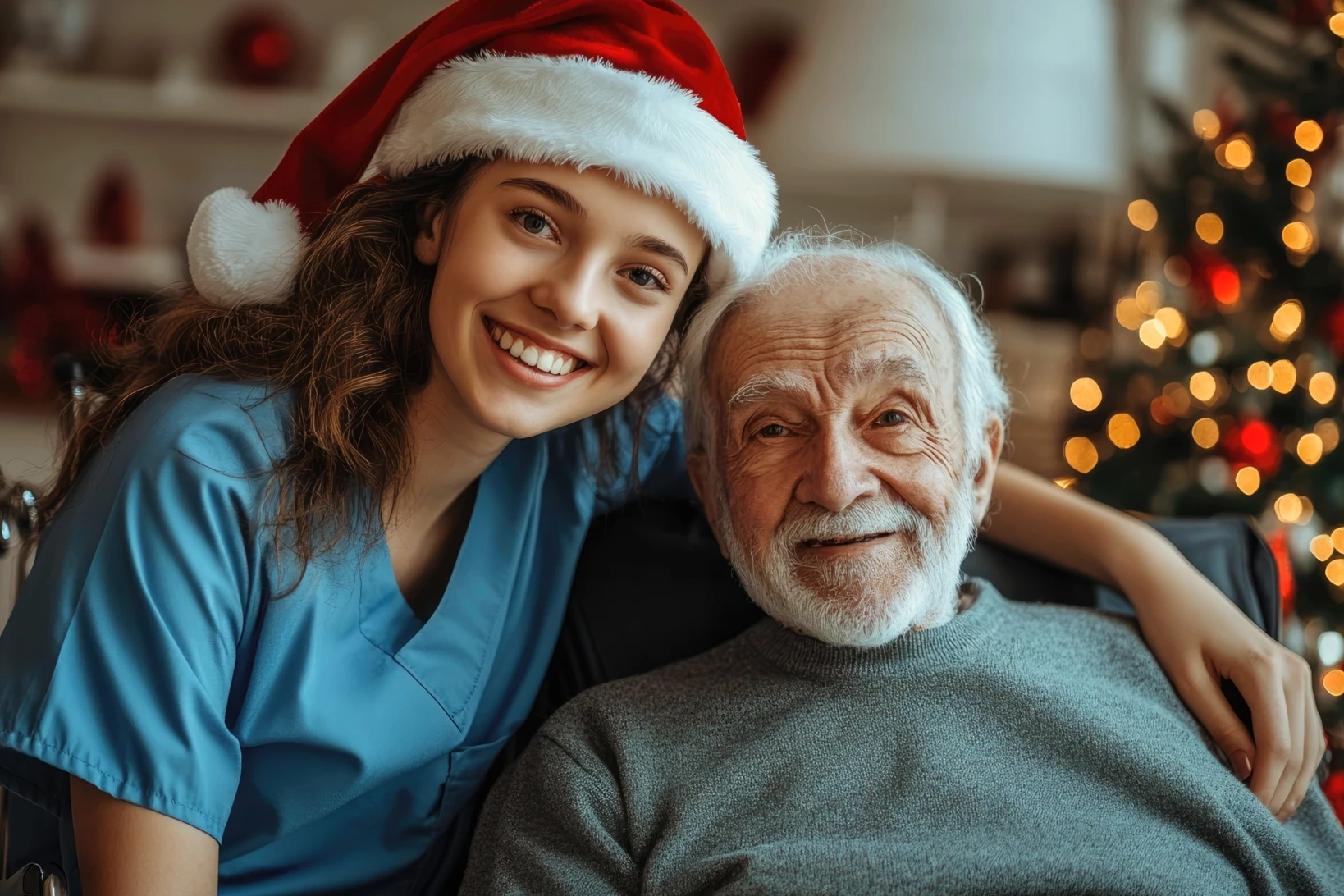 A compassionate nurse with her arm around the shoulder of an elderly patient in a hospital, sharing a moment of Christmas connection and care.