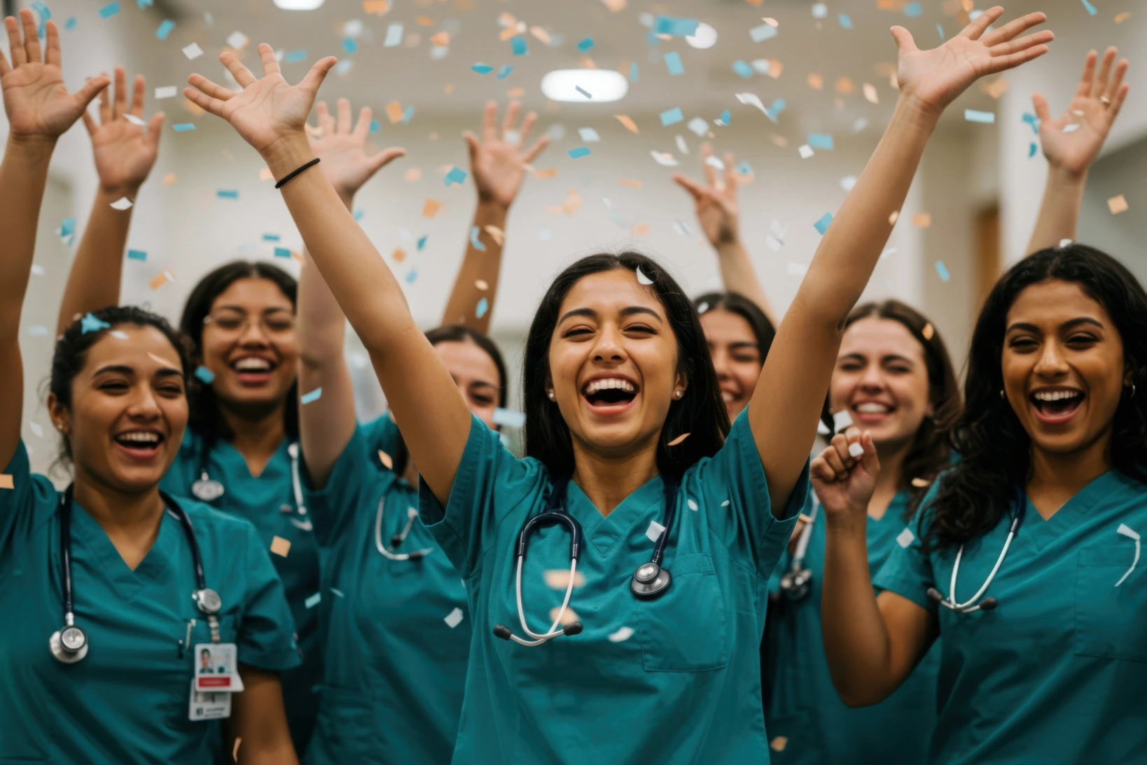 Group of nurses in green scrubs celebrating the New Year and 2026 Resolutions for Nurses while confetti rains down