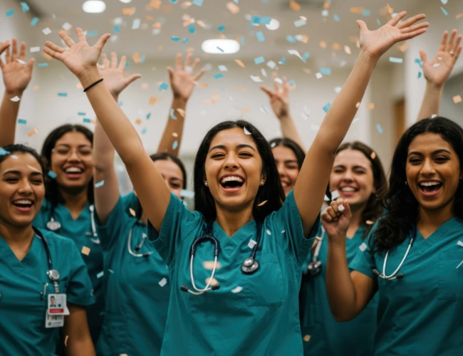 Group of nurses in green scrubs celebrating the New Year and 2026 Resolutions for Nurses while confetti rains down