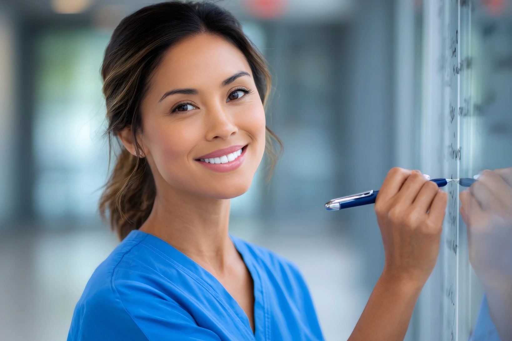 Brunette female nurse in blue scrubs smiling and planning good nurses habits while writing on a white board