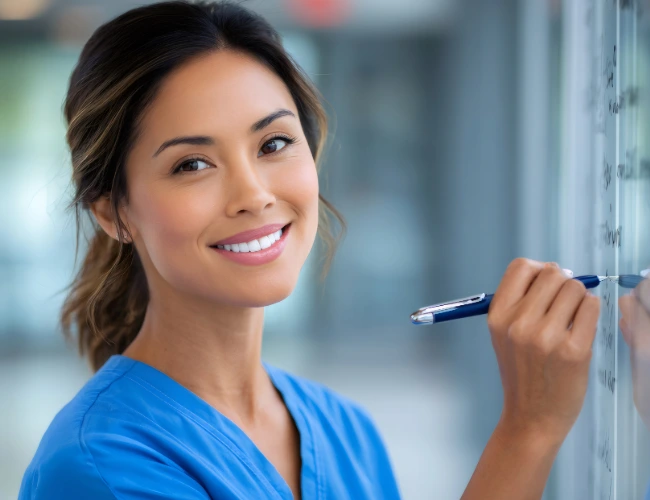 Brunette female nurse in blue scrubs smiling and planning good nurses habits while writing on a white board