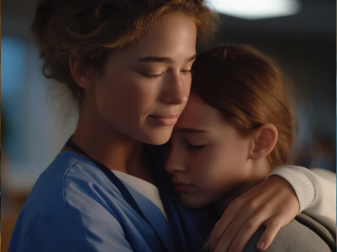 School nurse comforts student after active shooter emergency.