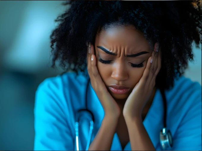 Frustrated nursing student thinking of quitting nursing school.