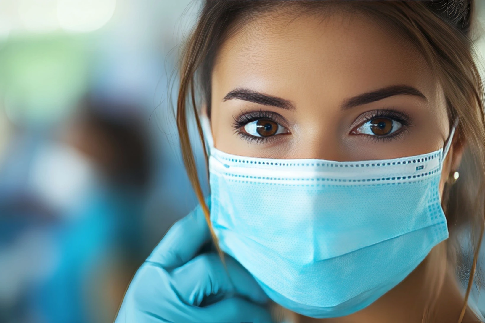 Close up of nurse with brown eyes wearing mask and gloves to prevent nurse illness