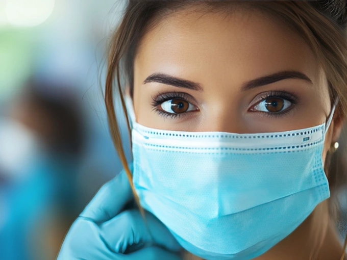 Close up of nurse with brown eyes wearing mask and gloves to prevent nurse illness