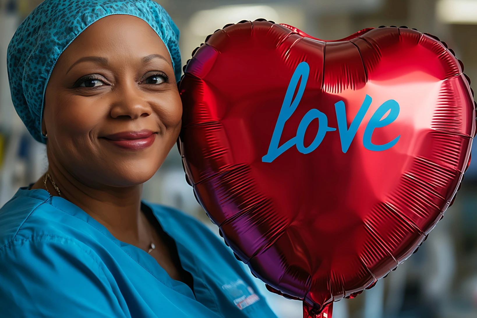 Smiling African American nurse in blue scrubs holding red heart love balloon