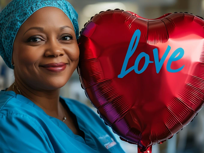 Smiling African American nurse in blue scrubs holding red heart love balloon