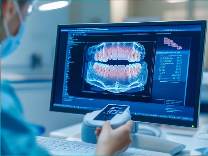 Dental hygienist reviewing a digital 3D dental scan during a teledentistry consultation