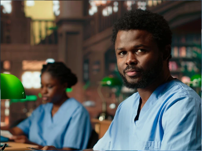 Nurses preparing for the CCRN certification exam with study materials in a library.
