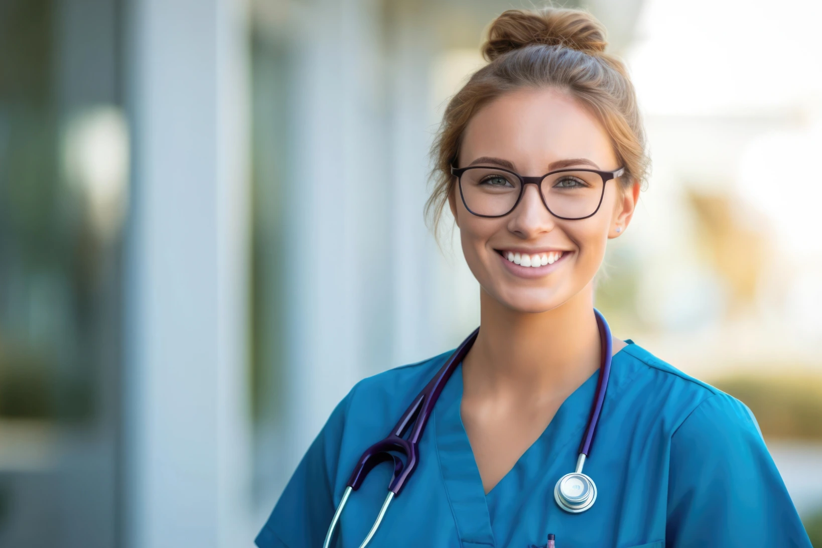 Blonde RN in glasses and scrubs standing outside hospital before PRN nurse shift