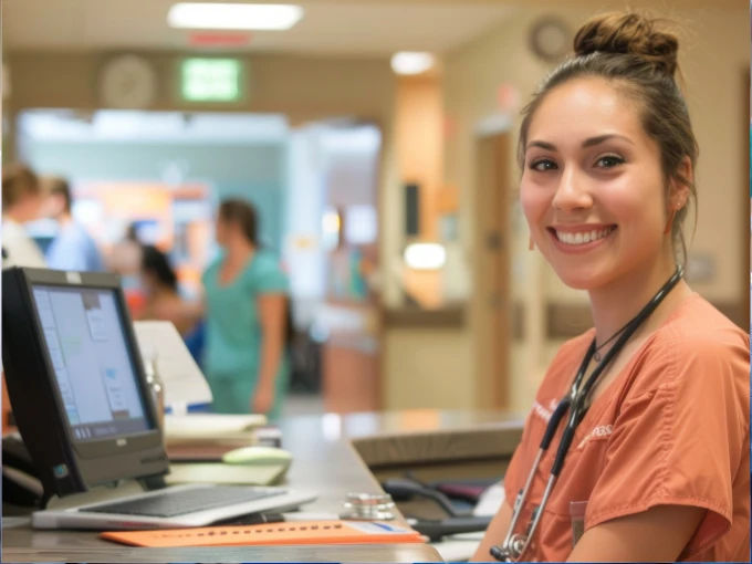 Smiling nurse in scrubs at hospital desk after her recent LPN to RN career transition.