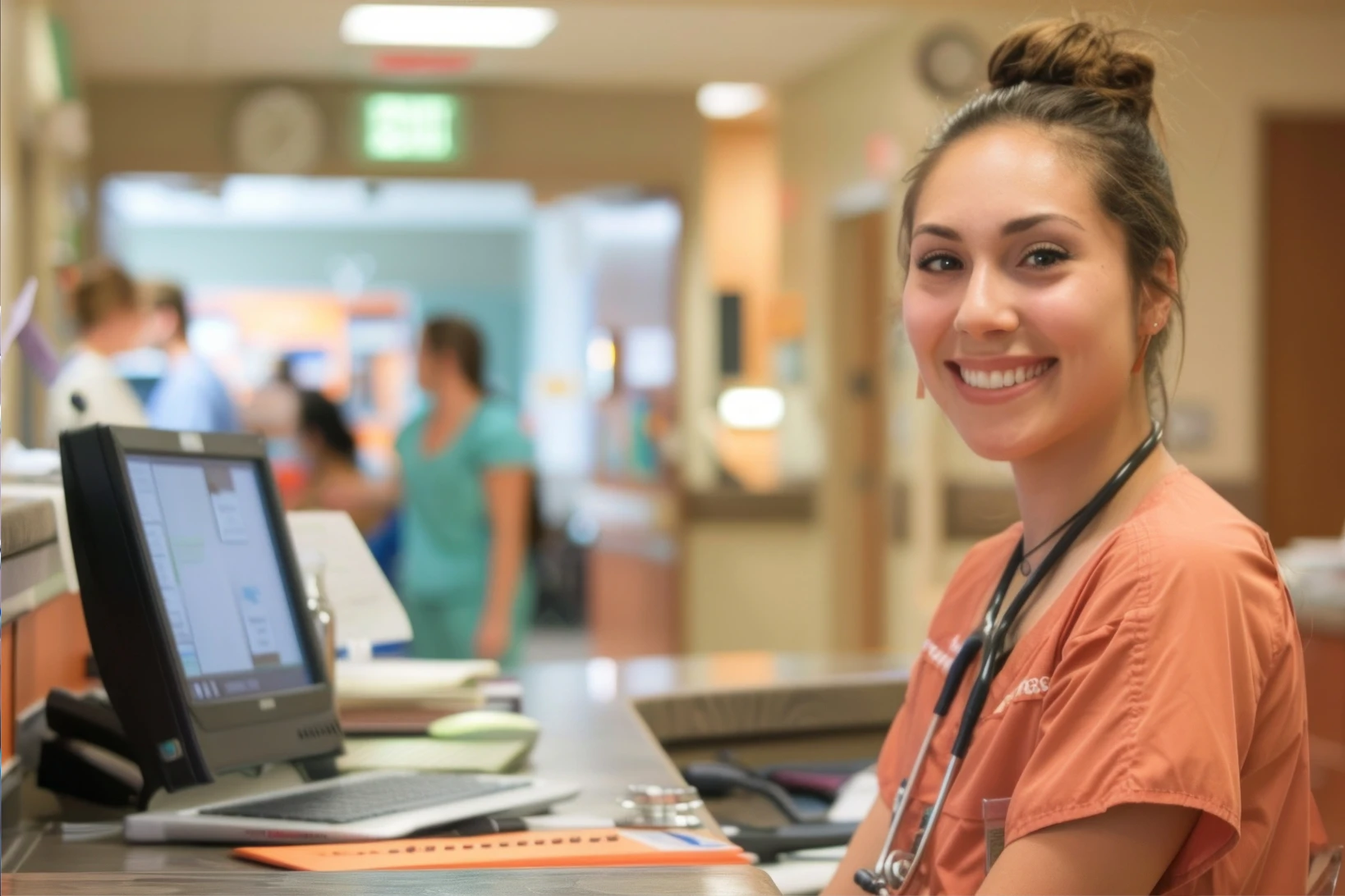 Smiling nurse in scrubs at hospital desk after her recent LPN to RN career transition.