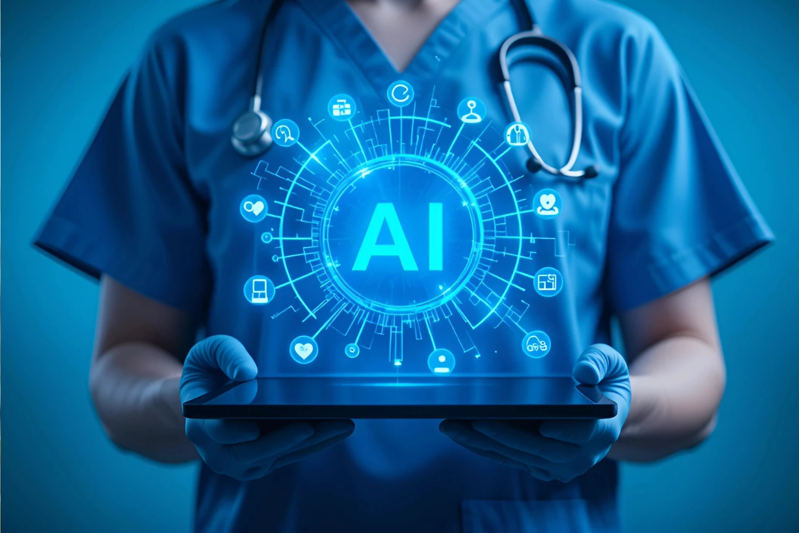 AI-powered healthcare concept showing a nurse holding a digital interface with virtual care, telehealth, and medical technology icons.