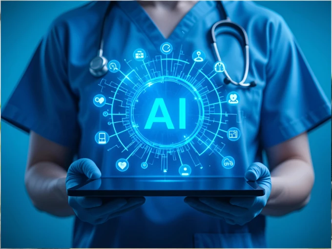 AI-powered healthcare concept showing a nurse holding a digital interface with virtual care, telehealth, and medical technology icons.