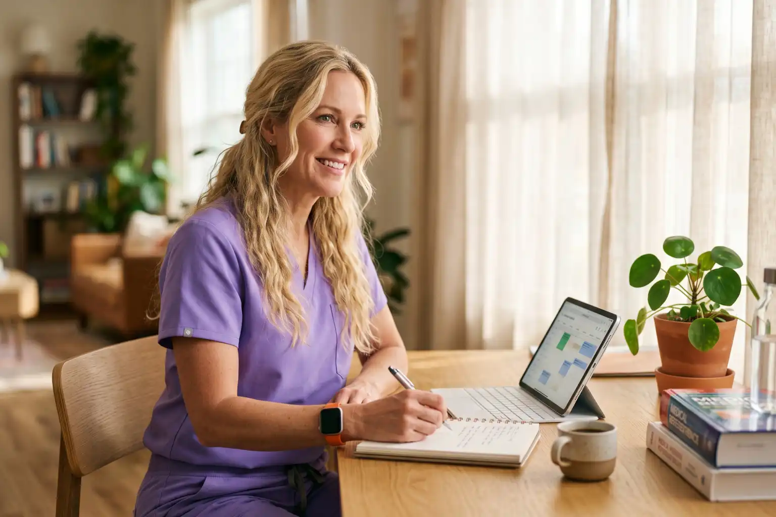 Working Nurse Mom preparing for the NCLEX-RN exam reviewing practice questions and study materials using a digital tablet.