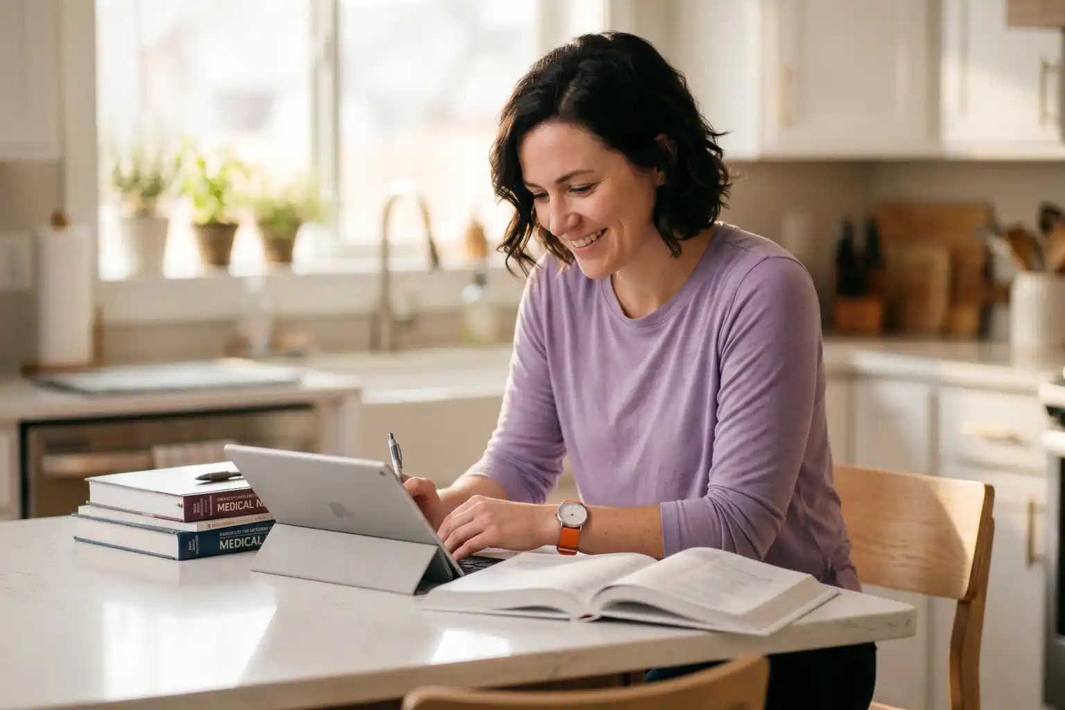 Working Nurse Mom preparing for the NCLEX-RN exam reviewing practice questions and study materials using a digital tablet.