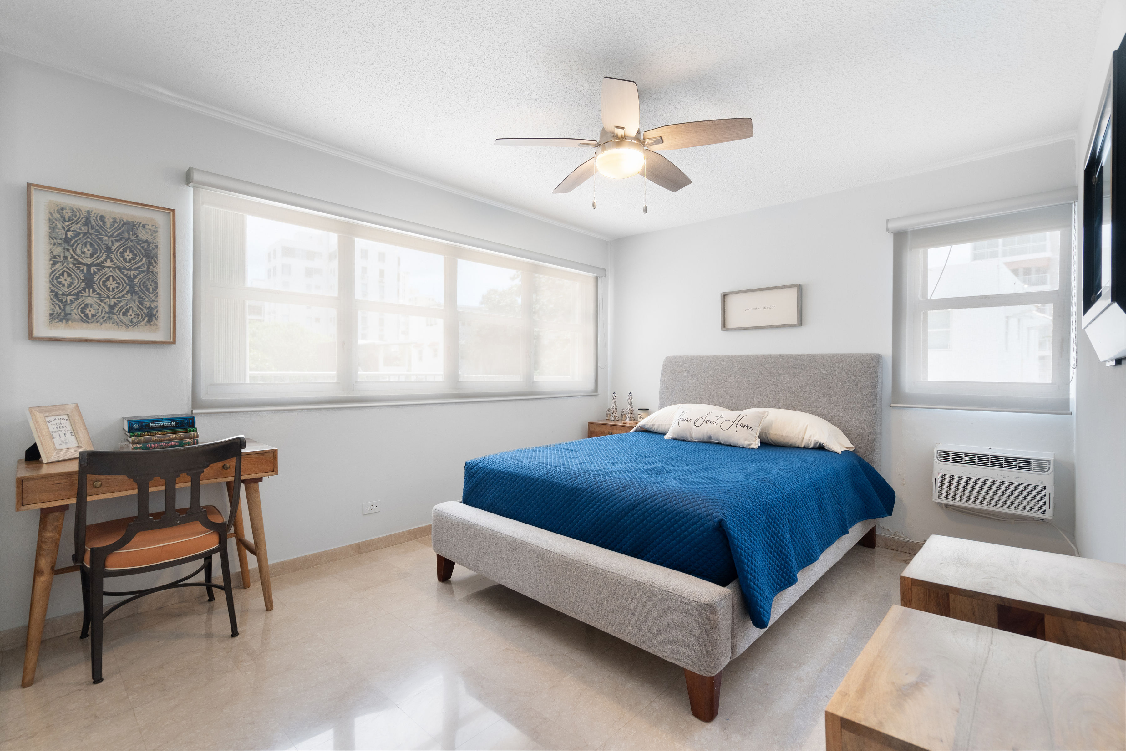 Kings Court 81 Condado | Secondary bedroom furnished with a queen bed and flexible workspace area