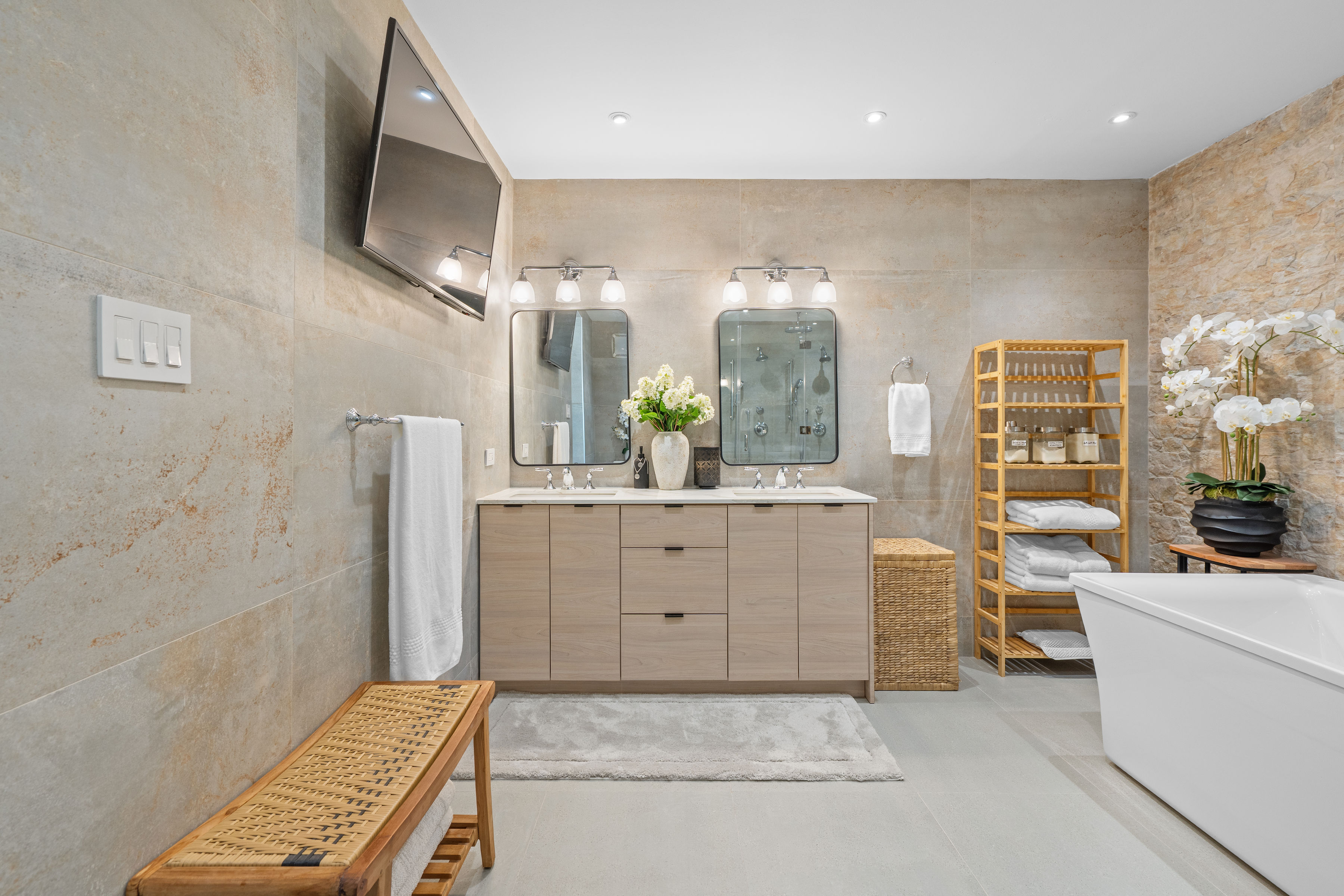 Royal Palm Vega Alta | Primary suite with spa-inspired bathroom and custom sliding barn door