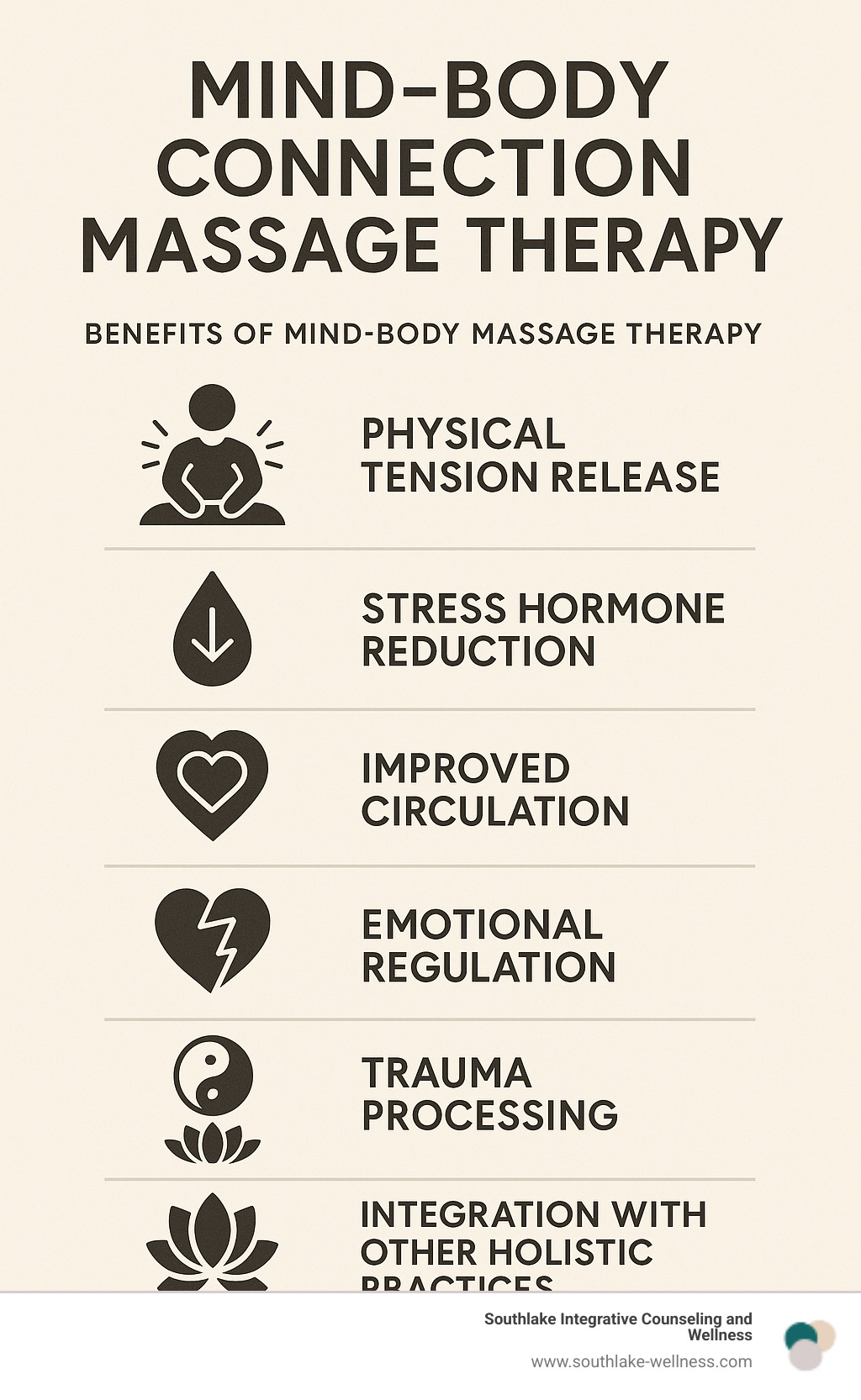 Comprehensive breakdown of mind-body massage therapy benefits including physical tension release, stress hormone reduction, improved circulation, emotional regulation, trauma processing, and integration with other holistic practices - mind body connection massage therapy infographic 