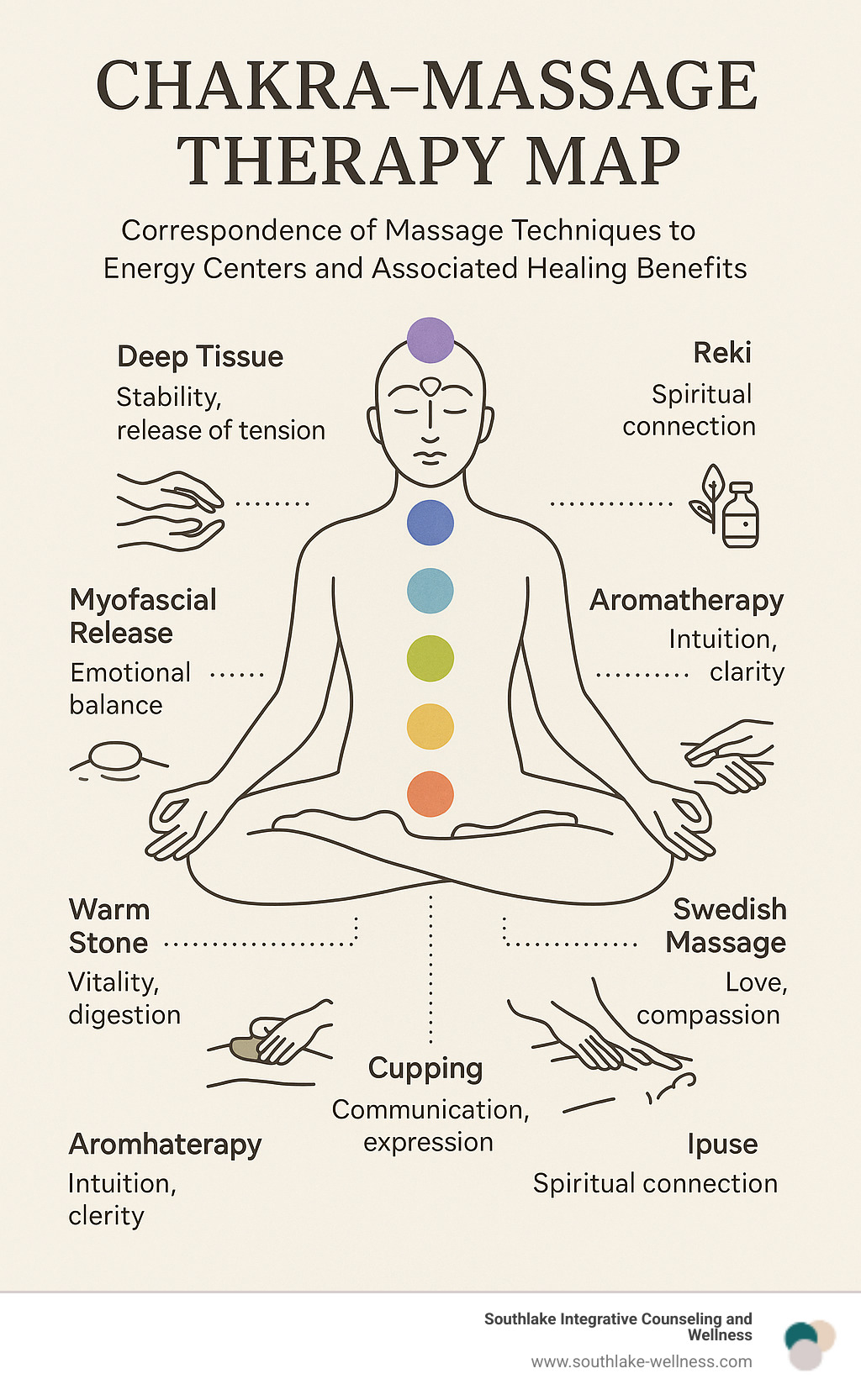 Detailed chakra-massage therapy map showing how different massage techniques correspond to specific energy centers and their associated physical and emotional healing benefits - mind body connection massage therapy infographic 
