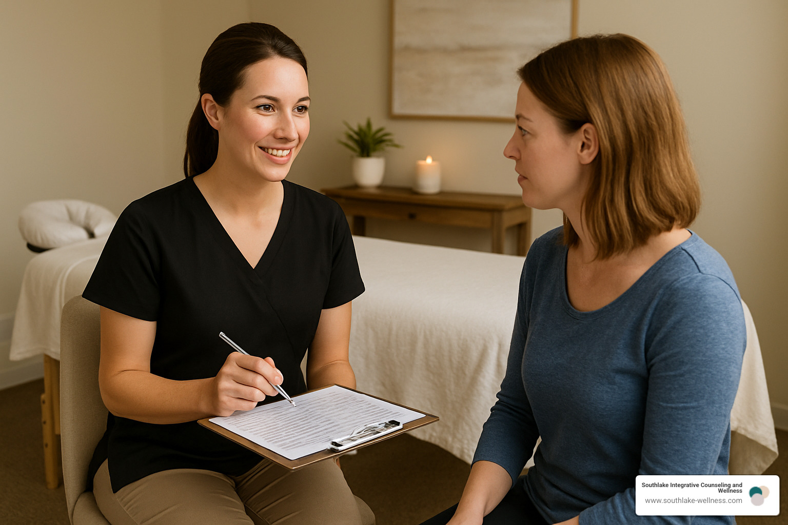 therapist conducting thorough client consultation and intake assessment - mind body connection massage therapy
