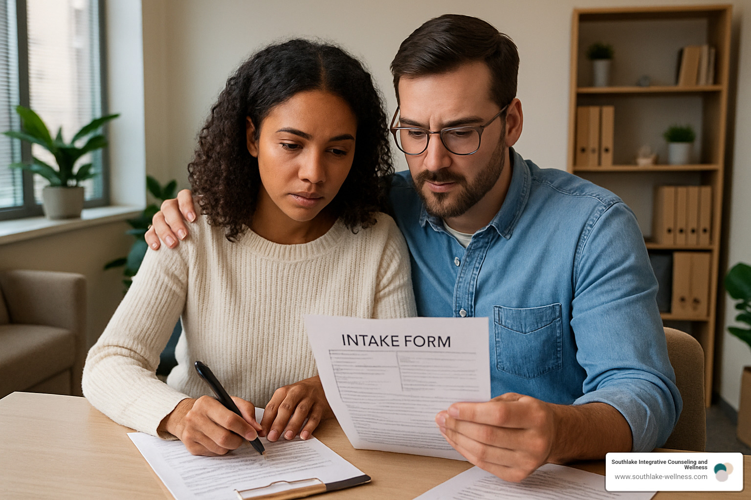 couple reviewing intake forms together before their first counseling session - couples counseling fort worth