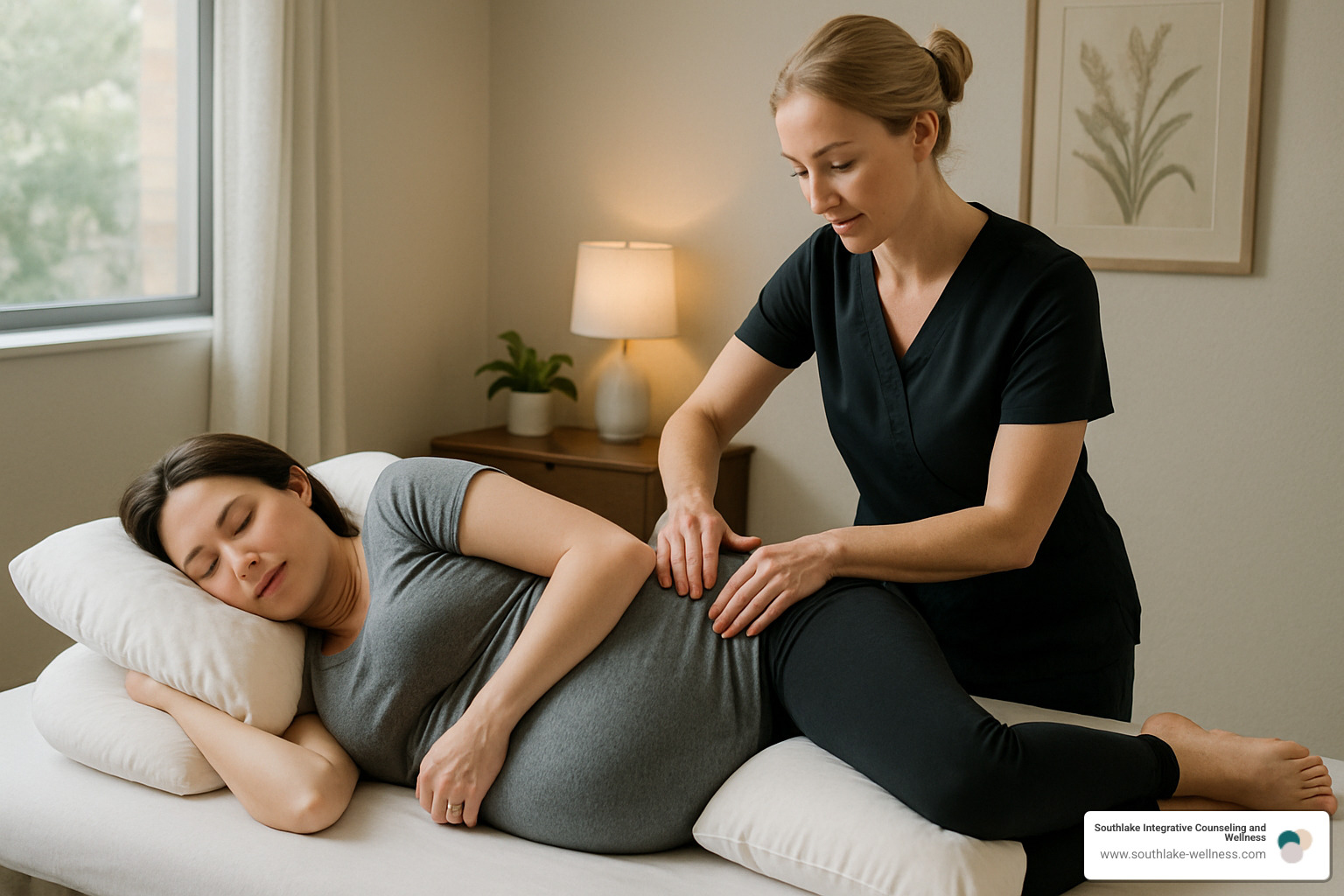 prenatal massage session showing proper positioning and safety techniques - mind and body healing massage