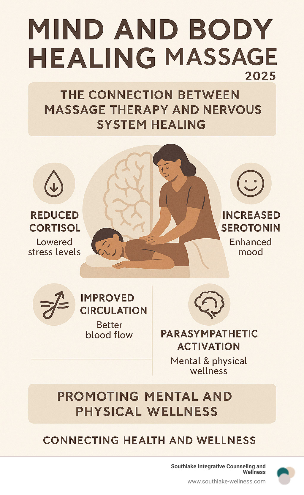 Comprehensive guide showing the connection between massage therapy and nervous system healing, including benefits like reduced cortisol, increased serotonin, improved circulation, and parasympathetic activation for both mental and physical wellness - mind and body healing massage infographic 