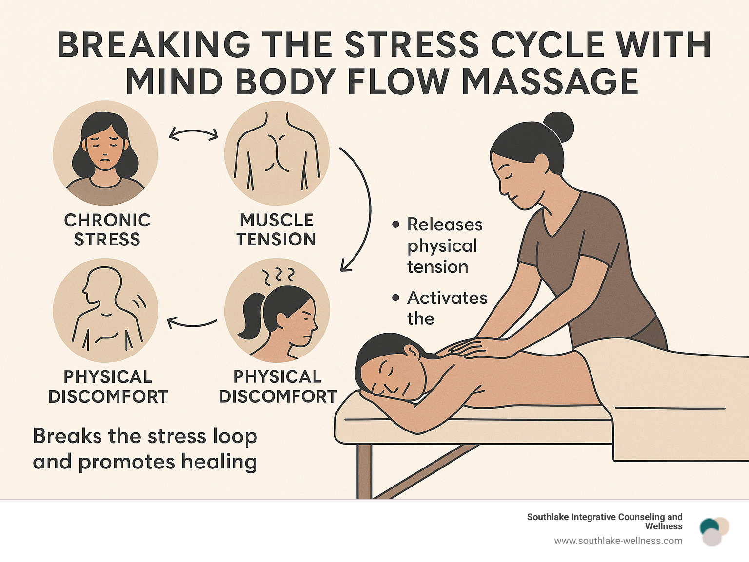 Infographic showing the stress cycle: chronic stress leads to muscle tension, which creates physical discomfort, which increases mental stress, creating a loop - mind body flow massage interrupts this cycle by releasing physical tension and activating the parasympathetic nervous system, breaking the stress loop and promoting healing - mind body flow massage infographic 
