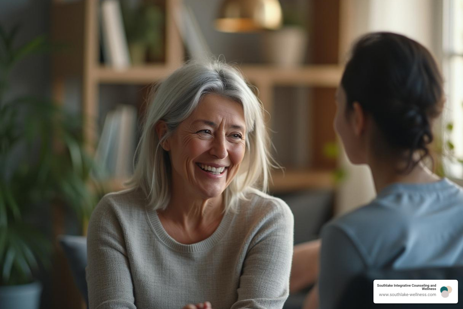 A person looking relieved and empowered while talking with a compassionate therapist - personalized mental health care
