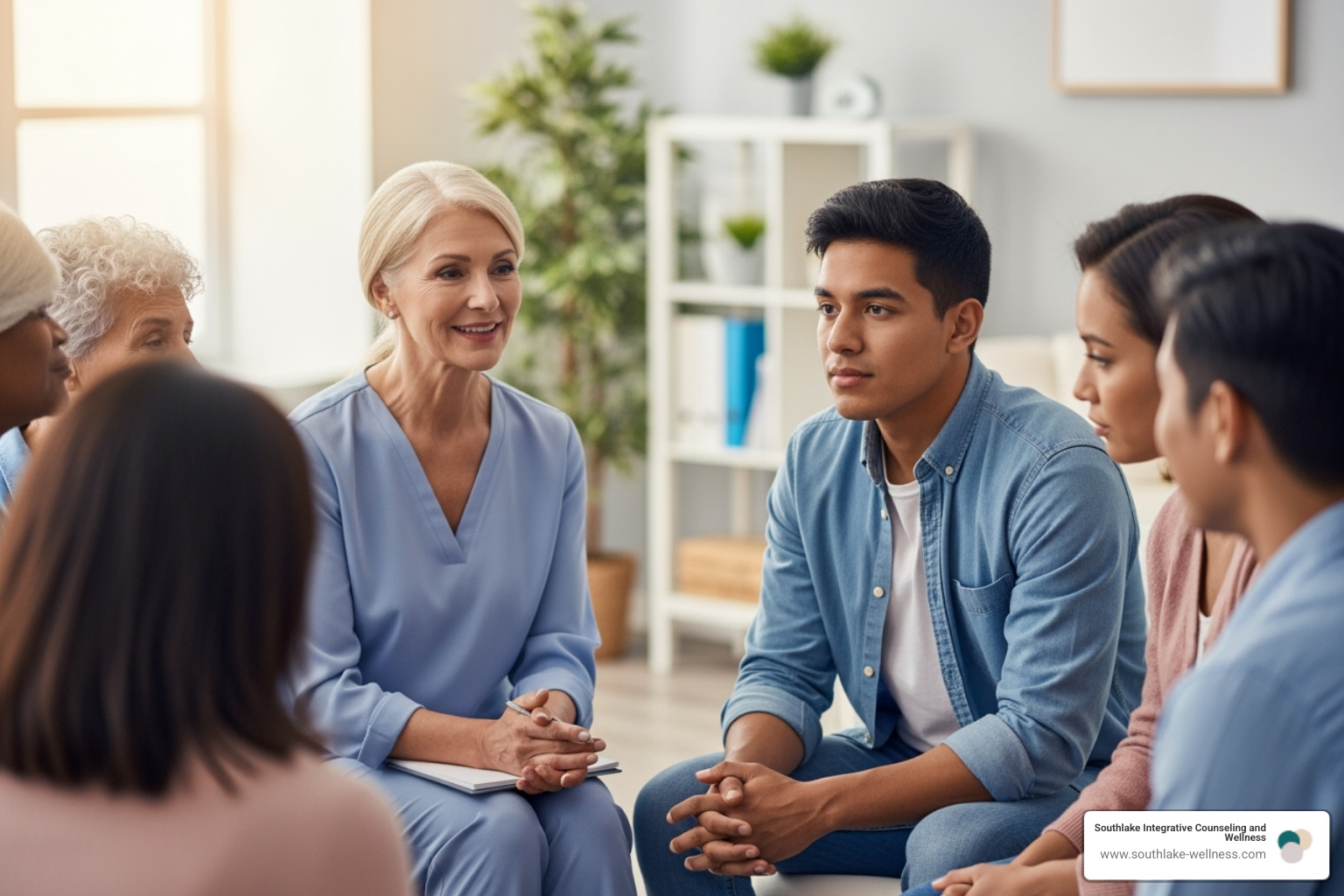 Therapist calmly speaking to a group member - group counseling session outline