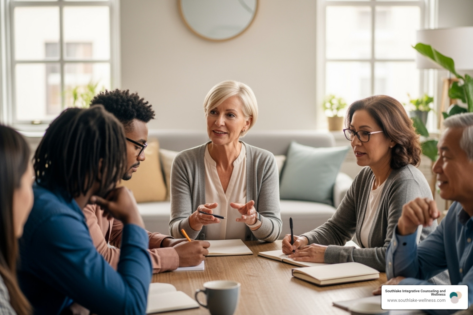 Therapist actively facilitating a group activity - group counseling session outline