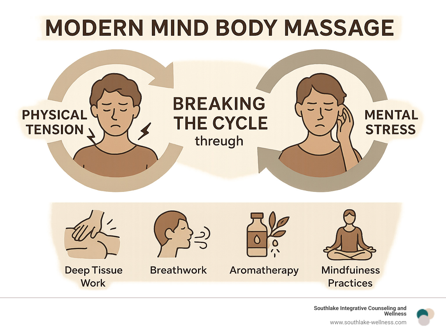 Infographic showing the cycle of physical tension and mental stress, with modern mind body massage techniques breaking the cycle through integrated therapeutic approaches including deep tissue work, breathwork, aromatherapy, and mindfulness practices - modern mind body massage infographic 