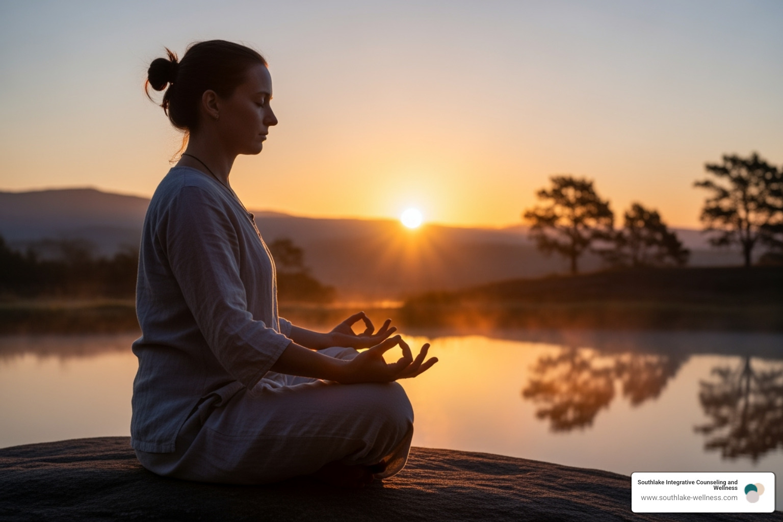A serene image of a person meditating peacefully outdoors at sunrise, looking refreshed and at peace, symbolizing holistic wellness and inner calm - modern mind body massage