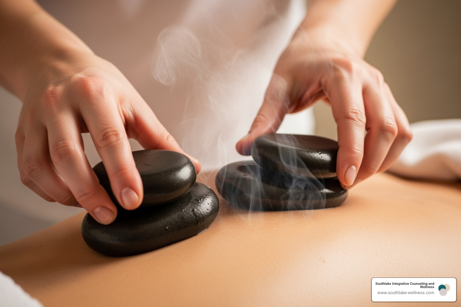 A close-up image of a therapist applying hot stones to a client's back, with steam gently rising, emphasizing the soothing and therapeutic nature of the treatment - modern mind body massage