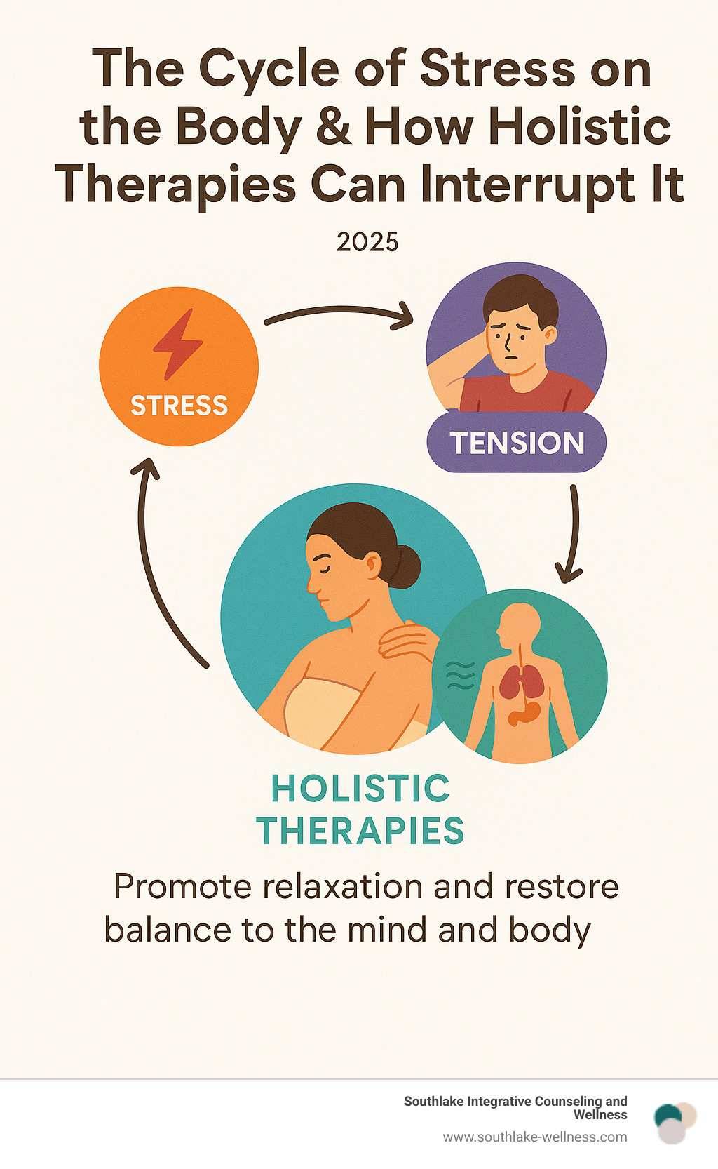 Infographic explaining the cycle of stress on the body and how holistic therapies can interrupt it. - balanced mind and body massage infographic 