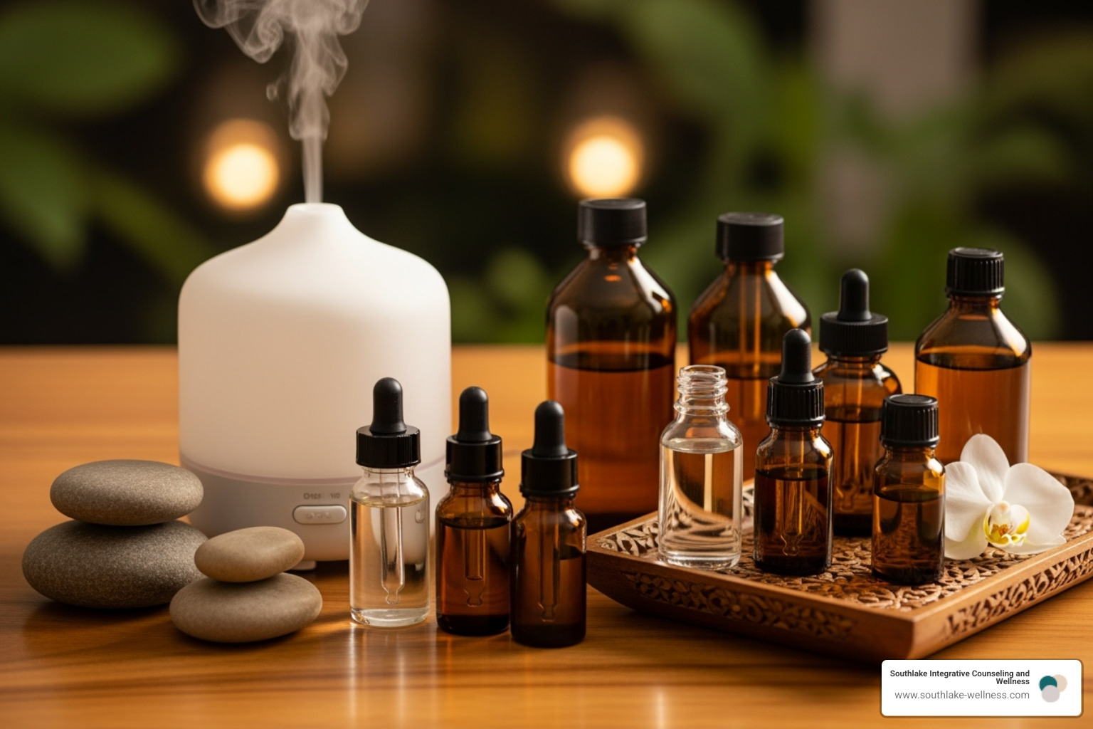 Essential oil bottles next to a diffuser and warm stones - balanced mind and body massage