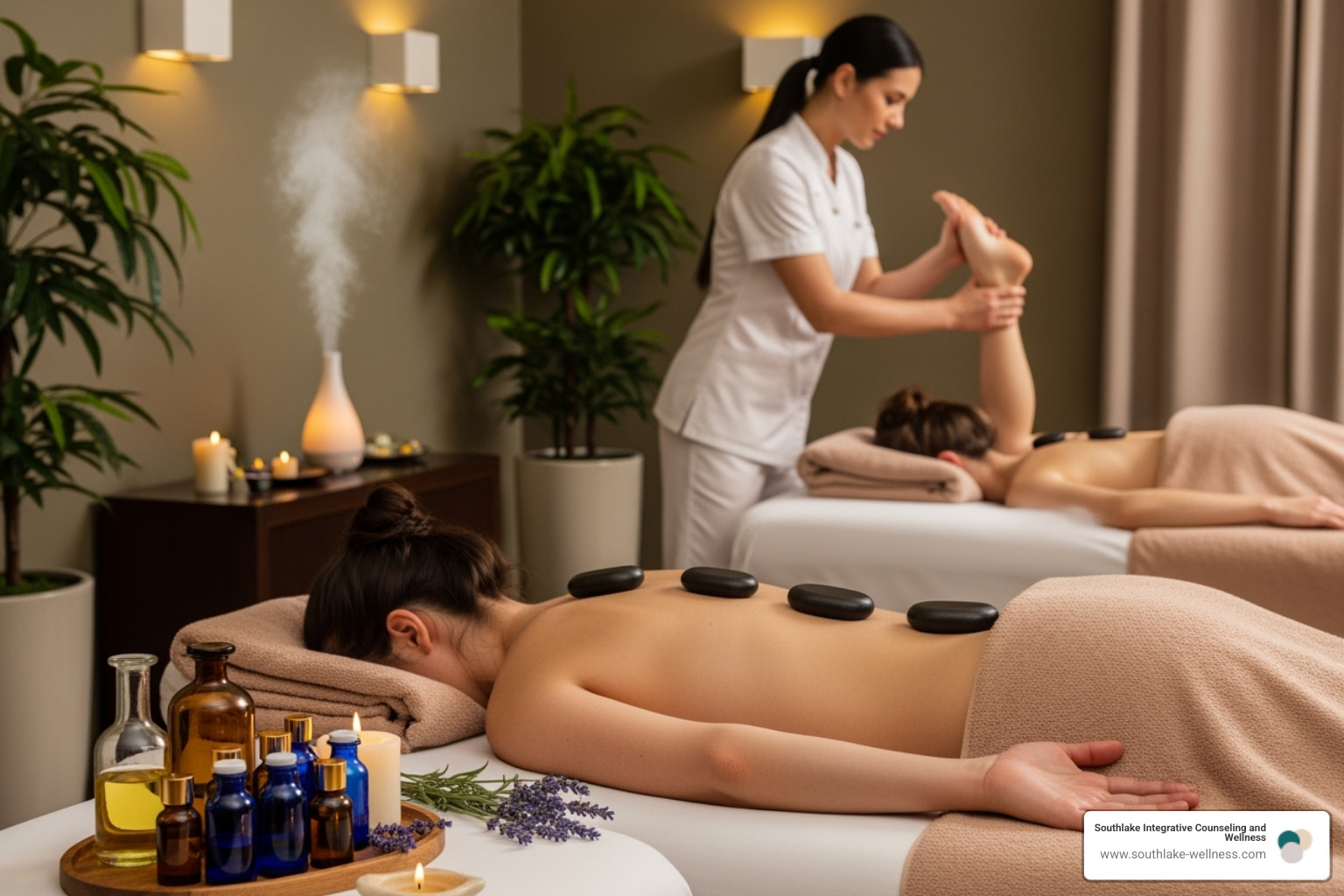 various massage modalities like hot stones, aromatherapy oils, and gentle stretching - body mind and soul massage
