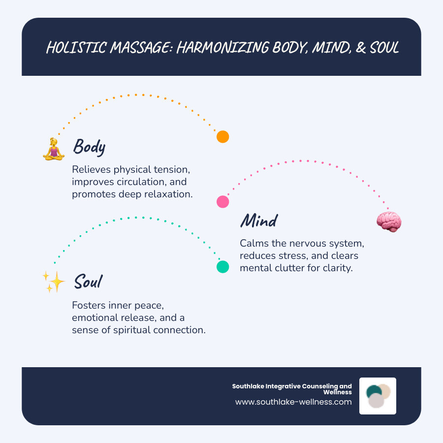 Infographic explaining the interconnectedness of the physical body, mental state, and spiritual self, and how massage influences all three. - body mind and soul massage infographic infographic-line-3-steps-blues-accent_colors